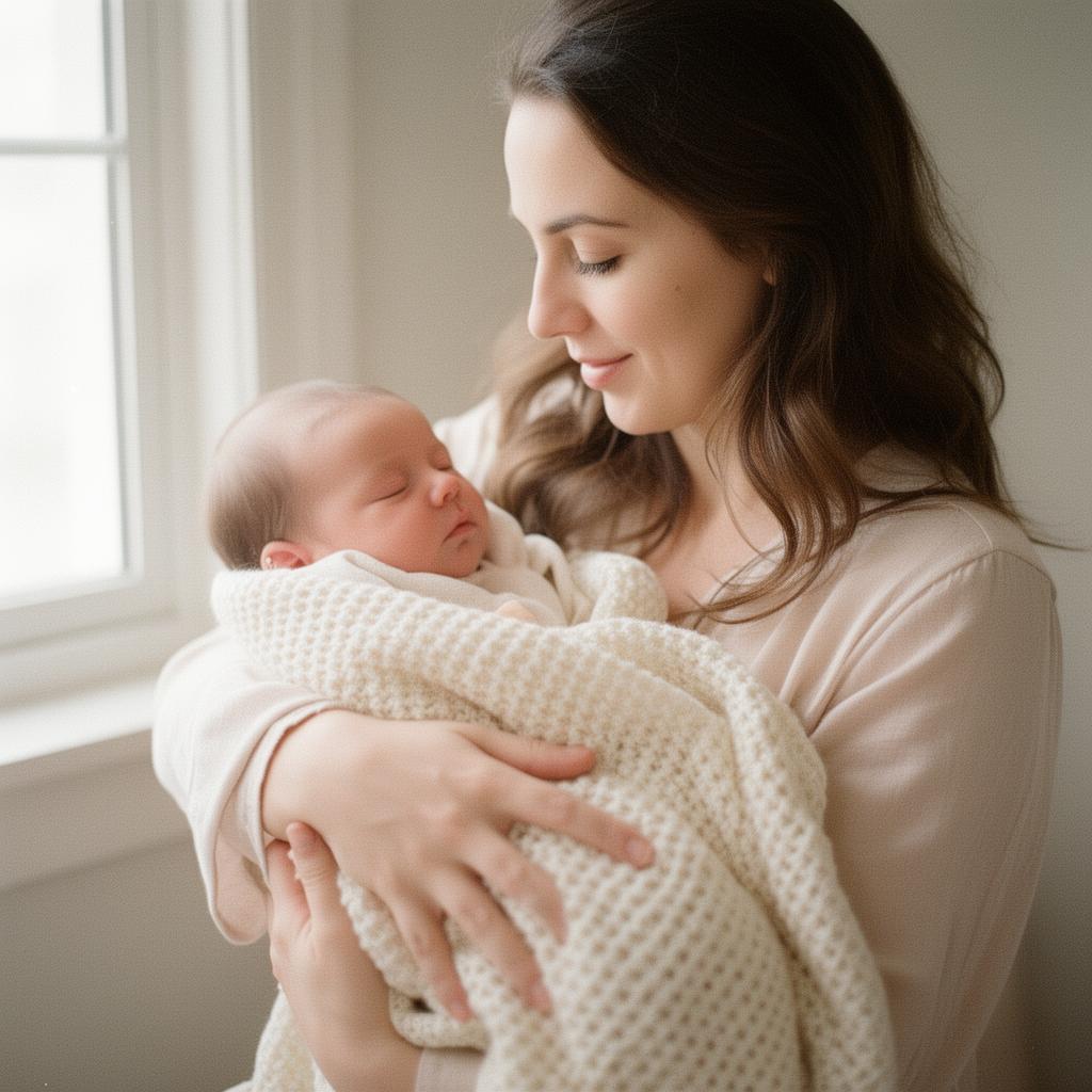 Mother cradling sleeping newborn